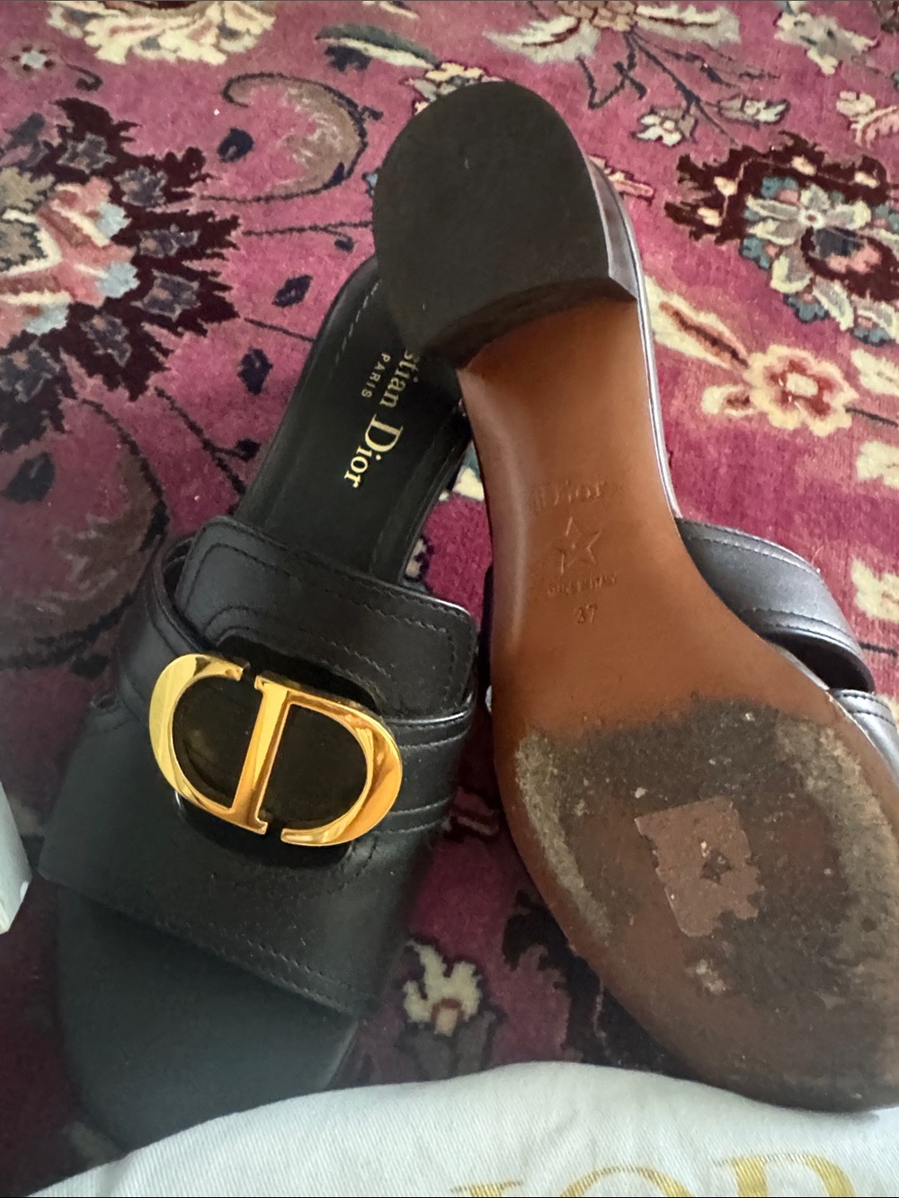 Dior Black Leather Mules with Gold CD Emblem - Picture 8 of 12